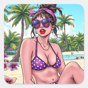 Woman in Bikini and Bandanna at Beach  Square Sticker