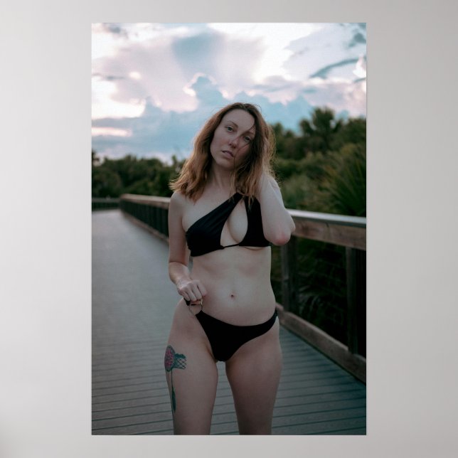 Woman In Black Bikini On Boardwalk Poster (Front)
