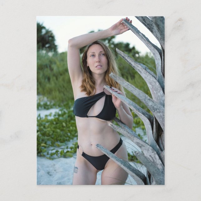Woman In Black Bikini Posing On Sandy Beach Holiday Postcard (Front)