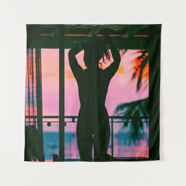 Woman in black tank top and pants standing on blac tapestry (Front)