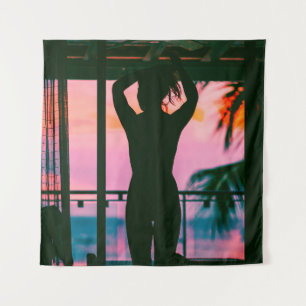 WOMAN IN BLACK TANK TOP AND PANTS STANDING ON BLAC TAPESTRY