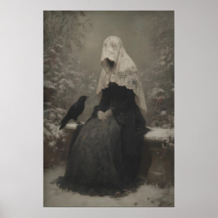 Woman in Black Veil With Raven Gothic Mourning Poster