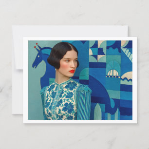 Woman in blue floral dress, painting of blue horse postcard