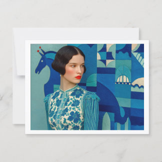Woman in blue floral dress, painting of blue horse postcard