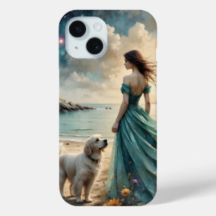 Woman in blue gown on beach with dog iPhone 15 case