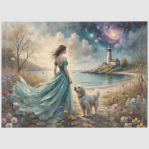 Woman in blue gown on beach with dog, lighthouse. tissue paper