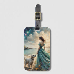 Woman in blue gown on beach with dog luggage tag