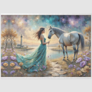 Woman in blue gown on beach with horse,lighthouse. tissue paper