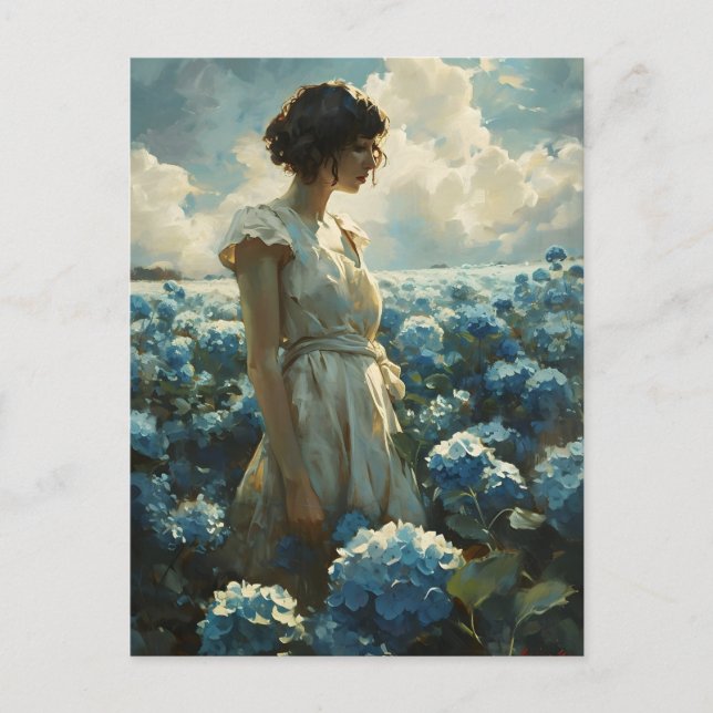 Woman in Blue Hydrangea Field: Vintage Beauty Postcard (Front)