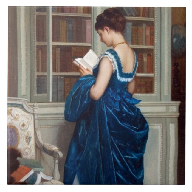 Woman in Blue, reading a Book Tile (Front)