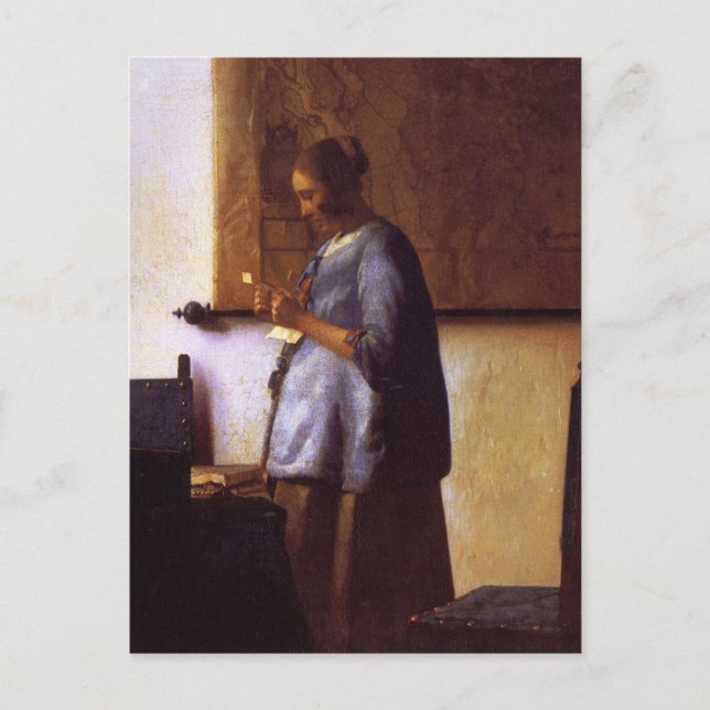 Woman in Blue Reading a Letter Postcard (Front)