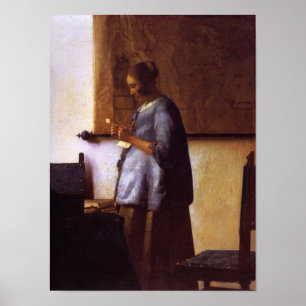 Woman in Blue Reading a Letter Poster