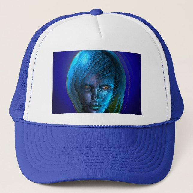 Woman in blues trucker hat (Front)