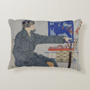 Woman in Cafe with Umbrella Vintage Painting Decorative Cushion