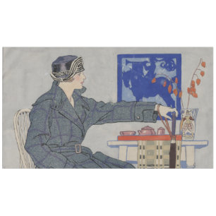 Woman in Cafe with Umbrella Vintage Painting Tablecloth
