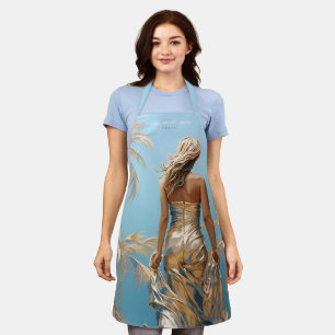 Woman in Champaigne colour dress blue aesthetic Apron