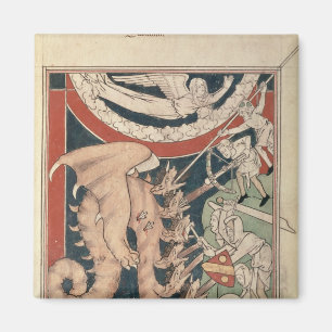 Woman in cloud above five men fighting magnet