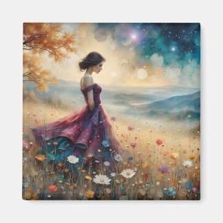 Woman in colorful gown on hill of flowers magnet