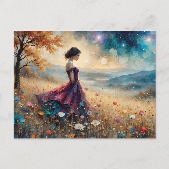 Woman in colourful gown on hill of flowers postcard (Front)