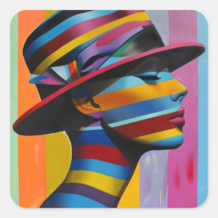 Woman in Colourful Hat 6 Striking silhouette Square Sticker