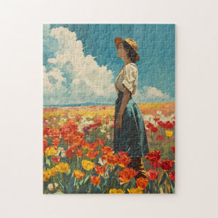 Woman in Colourful Tulip Field Vintage Jigsaw Puzzle