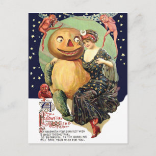 Woman in company of Jack O' Lantern and goblins Postcard