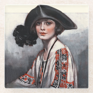 Woman in Embroidered Blouse Glass Coaster