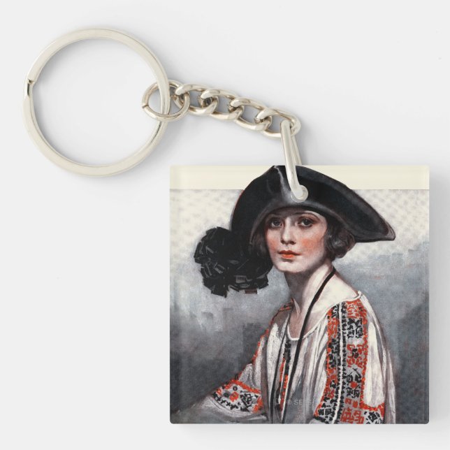 Woman in Embroidered Blouse Key Ring (Front)