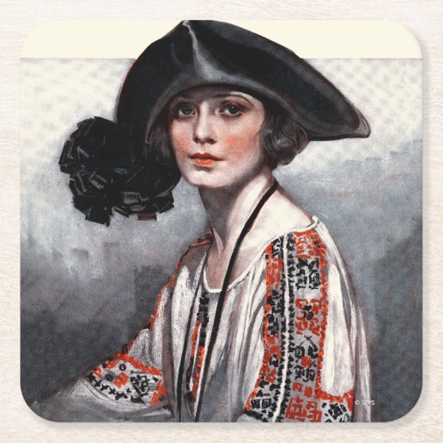 Woman in Embroidered Blouse Square Paper Coaster (Front)