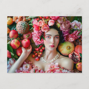 Woman in floral dress with fruit display postcard