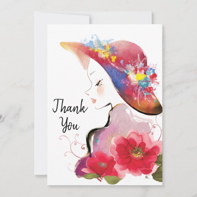 Woman in Floral Hat Watercolor Thank You Card (Front)