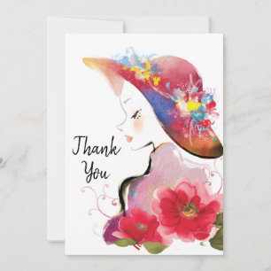 Woman in Floral Hat Watercolor Thank You Card