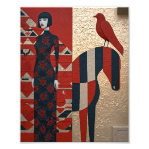 Woman in flowered dress, chequered horse & redbird photo print