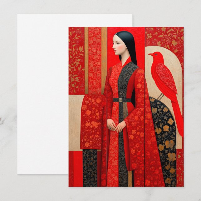 Woman in flowered red floral dress & a red bird (Front/Back)