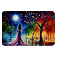 Woman in flowing gown walking in colourful forest