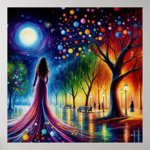 Woman in flowing gown walking in colourful forest poster