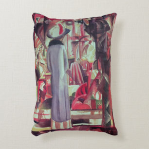 Woman in front of a large illuminated window decorative cushion