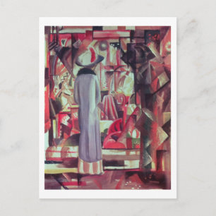 Woman in front of a large illuminated window postcard