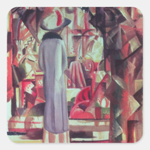 Woman in front of a large illuminated window square sticker