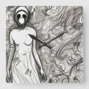 Woman in gas mask square wall clock