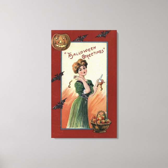 Woman in Green Dress Peeling Apple Canvas Print (Front)