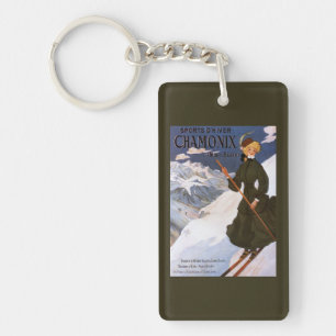 Woman in Green Skiing Poster Key Ring