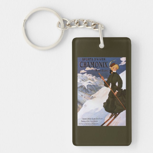Woman in Green Skiing Poster Key Ring (Front)