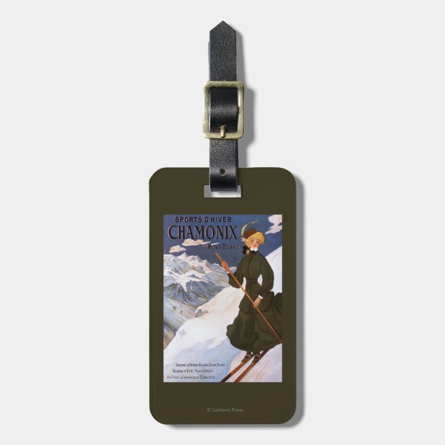 Woman in Green Skiing Poster Luggage Tag (Front Vertical)