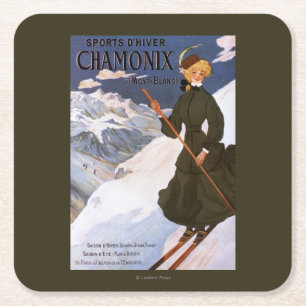 Woman in Green Skiing Poster Square Paper Coaster