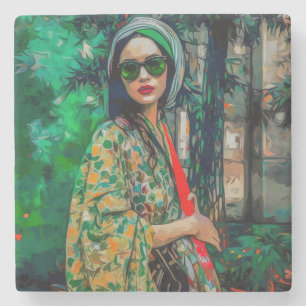 Woman in Green Sunglasses  Stone Coaster