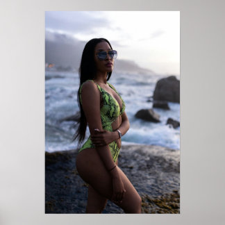 Woman In Green Swimsuit By The Ocean Poster