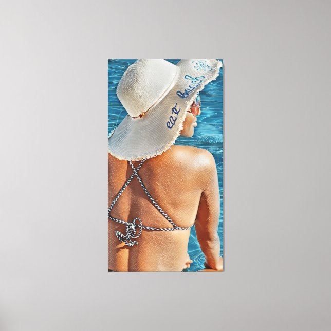 Woman in Hat At Pool Large Canvas Print Wall Art (Front)