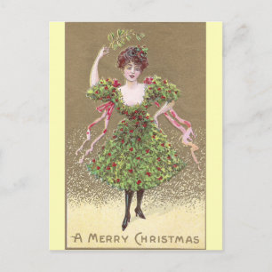 Woman in Holly Dress with Mistletoe Christmas Holiday Postcard