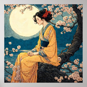 Woman in Kimono Cherry Blossom Moonlit Night Poster